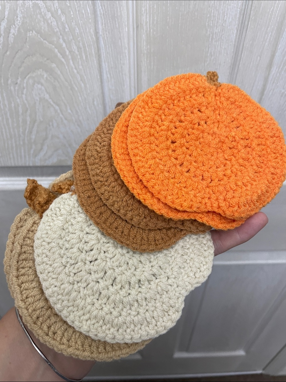 Handmade Crocheted Pumpkin Coasters - Neutral & Orange Set